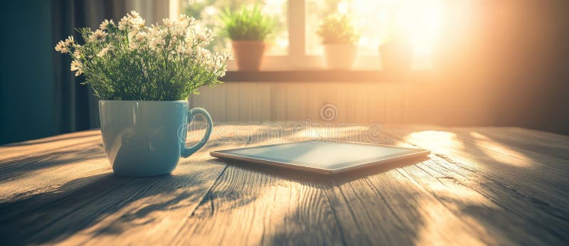 La escena de una oficina residencial relajante incluye una ventana soleada, tabletas, plantas y libros imagenes de archivo