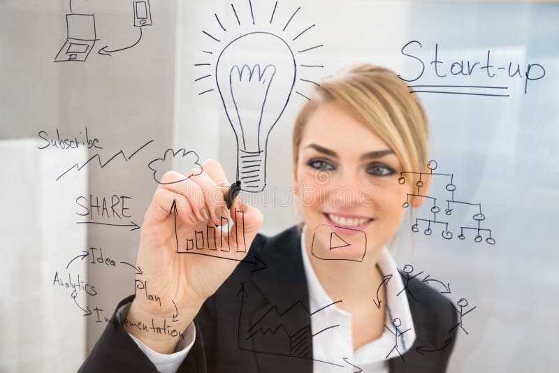 La escritura de la empresaria comienza para arriba plan en la pantalla de cristal fotografía de archivo libre de regalías La escritura de la empresaria comienza para arriba plan en la pantalla de cristal fotografía de archivo libre de regalías