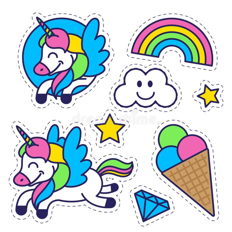 La etiqueta engomada fijó con el arco iris del unicornio y el helado ilustración del vector La etiqueta engomada fijó con el arco iris del unicornio y el helado ilustración del vector