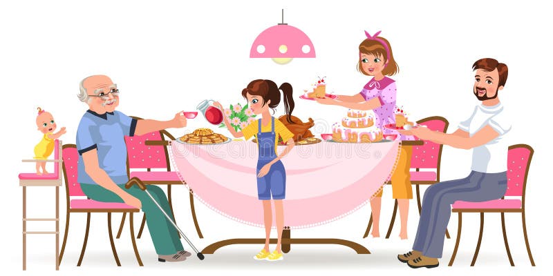 La famiglia che mangia la cena a casa, gente felice mangia l'alimento nonno dell'ossequio insieme, della mamma e del papà che si illustrazione di stock La famiglia che mangia la cena a casa, gente felice mangia l'alimento nonno dell'ossequio insieme, della mamma e del papà che si illustrazione di stock