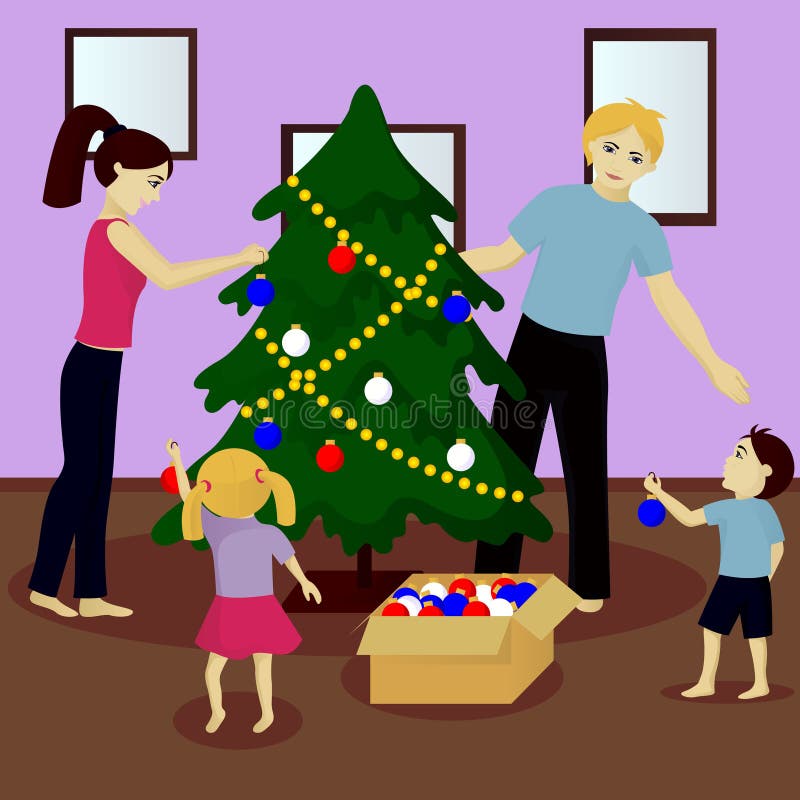 La famiglia decora l'albero di Natale