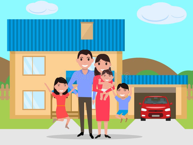 La familia feliz de la historieta del vector compró una nueva casa libre illustration La familia feliz de la historieta del vector compró una nueva casa libre illustration