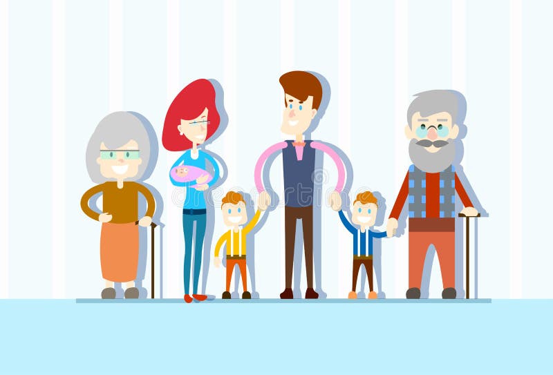 Big Family Kids Baby Twins Parents Grandparents Generation Flat Vector Illustration. Big Family Kids Baby Twins Parents Grandparents Generation Flat Vector Illustration