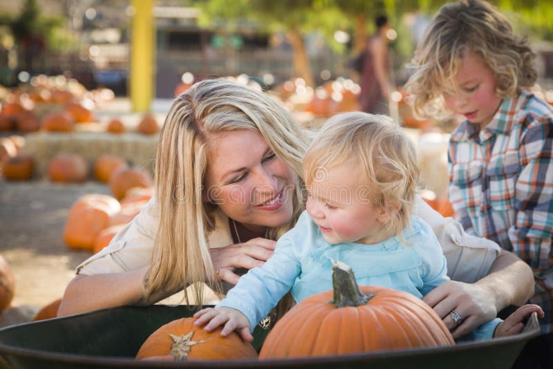 La familia joven disfruta de un día en el remiendo de la calabaza imagenes de archivo La familia joven disfruta de un día en el remiendo de la calabaza imagenes de archivo
