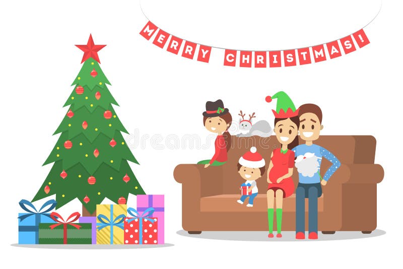 La famille ont l'amusement ensemble à l'arbre de Noël illustration de vecteur La famille ont l'amusement ensemble à l'arbre de Noël illustration de vecteur