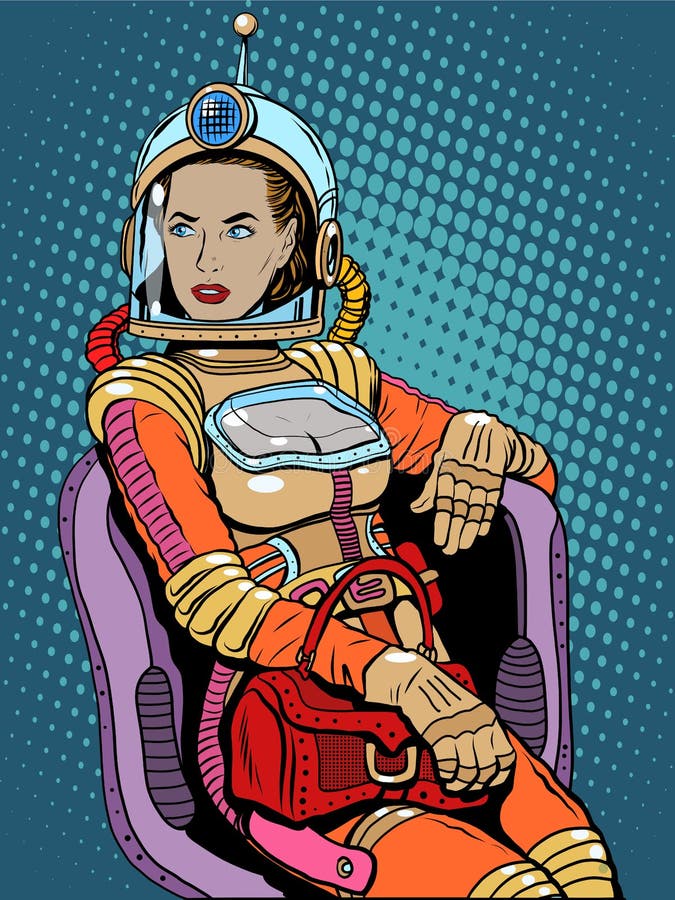 Space girl beauty science fiction pop art retro style. A woman sits in a chair. International womens day. Female power. Space girl beauty science fiction pop art retro style. A woman sits in a chair. International womens day. Female power