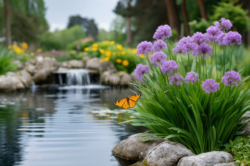 La farfalla di monarca che vola sopra uno stagno in un giardino tranquillo illustrazione di stock