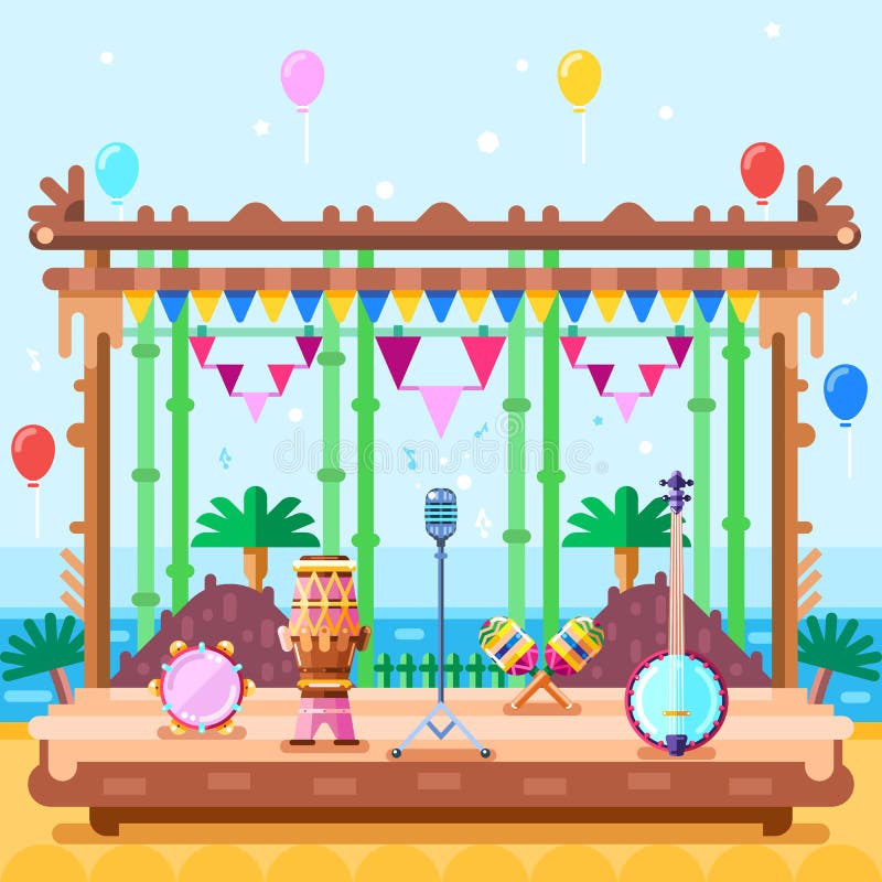 La fase all'aperto di concerto, vector l'illustrazione piana Strumenti di musica sul podio di scena Festival della spiaggia di es royalty illustrazione gratis