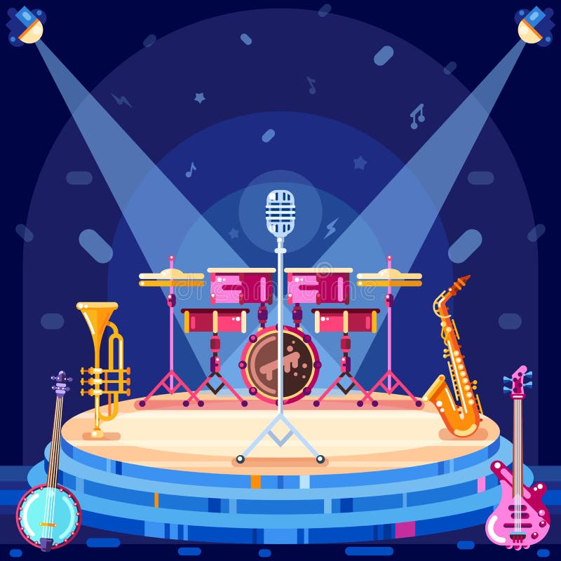 La fase di festival di jazz, vector l'illustrazione piana Attrezzatura degli strumenti e dei riflettori di musica sul podio di sc royalty illustrazione gratis