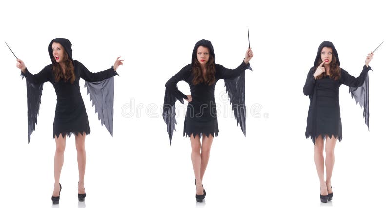 La femme avec le bâton magique d'isolement sur le blanc image libre de droits La femme avec le bâton magique d'isolement sur le blanc image libre de droits