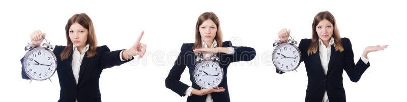 La femme d'affaires avec l'horloge d'isolement sur le blanc image libre de droits La femme d'affaires avec l'horloge d'isolement sur le blanc image libre de droits
