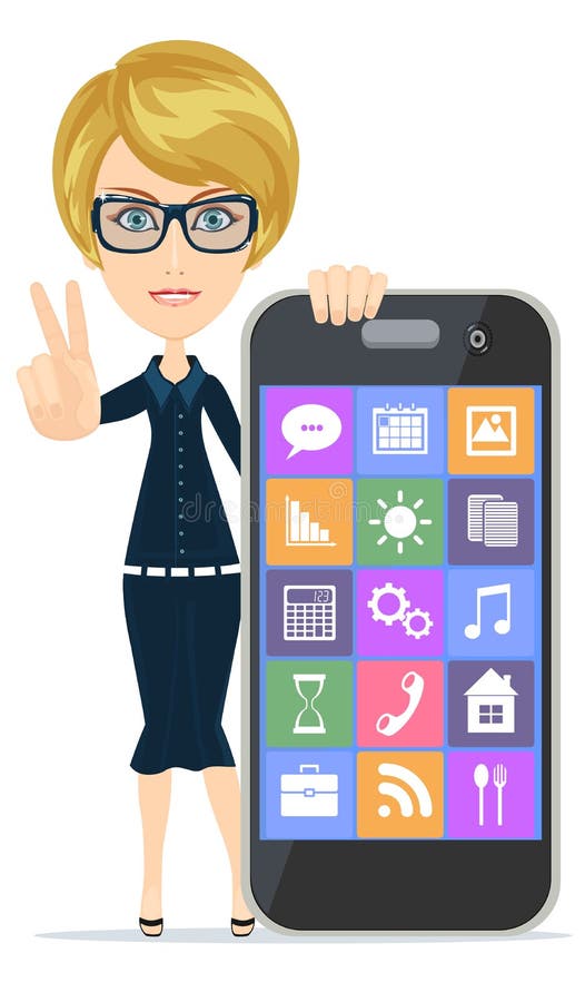 La femme de sourire se dirige sur le smartphone se tenant sur le fond blanc, illustration libre de droits La femme de sourire se dirige sur le smartphone se tenant sur le fond blanc, illustration libre de droits