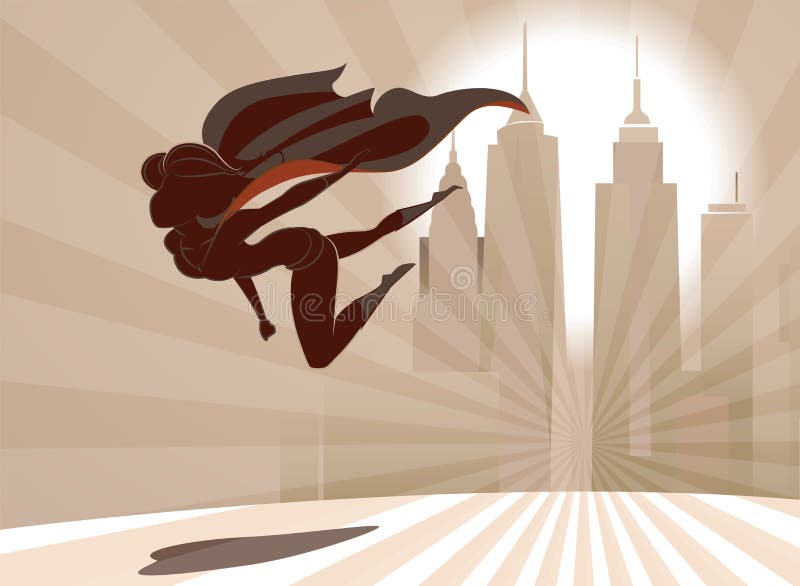 La femme de super héros vole bas au-dessus de la terre sur le fond de ville illustration stock La femme de super héros vole bas au-dessus de la terre sur le fond de ville illustration stock