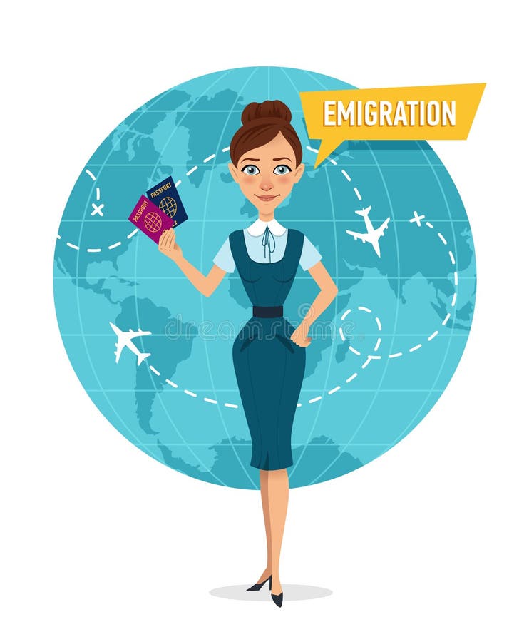 La femme est tenante et tenante des passeports Femme parlant au sujet de l'émigration illustration stock La femme est tenante et tenante des passeports Femme parlant au sujet de l'émigration illustration stock
