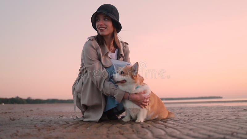 La femme et le chien sur la plage de mer et profiter du style de vie extérieur. clips vidéos