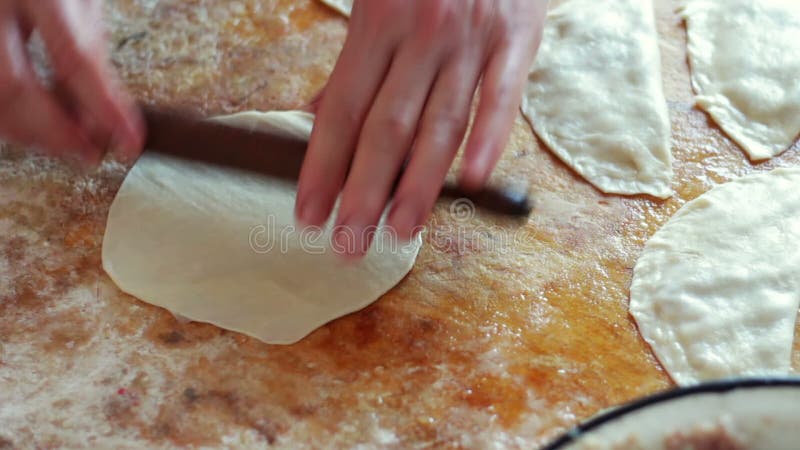 La femme prépare des tourtes à la viande, travaillant avec la pâte et le remplissage, plan rapproché clips vidéos