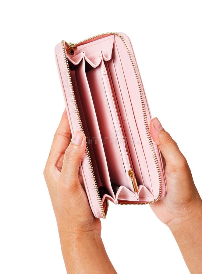 Woman hands opening an empty pink purse wallet isolated on the white background, Saved clipping path. Woman hands opening an empty pink purse wallet isolated on the white background, Saved clipping path.