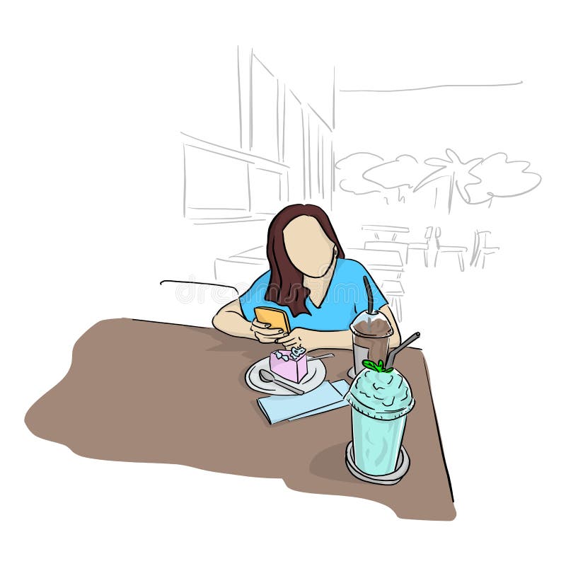La femme à l'aide du téléphone portable avec les boissons fraîches de cand de gâteau sur la table dans le croquis d'illustra illustration de vecteur La femme à l'aide du téléphone portable avec les boissons fraîches de cand de gâteau sur la table dans le croquis d'illustra illustration de vecteur