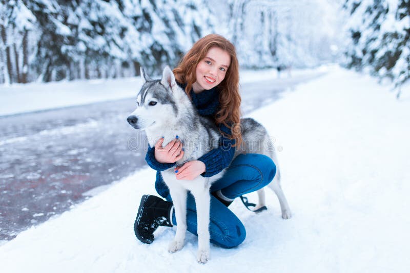 La femme étreint avec le chien de traîneau sibérien, amitié pour toujours photos libres de droits La femme étreint avec le chien de traîneau sibérien, amitié pour toujours photos libres de droits