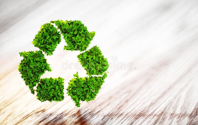 Fresh green leaf recycle symbol on wooden desk with blurred background. 3D illustration. Fresh green leaf recycle symbol on wooden desk with blurred background. 3D illustration.