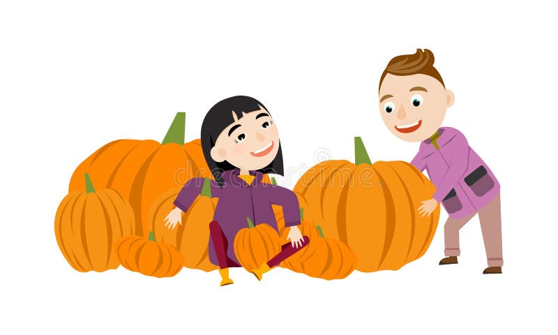 La fille asiatique et un garçon européen dans des vêtements d'automne moissonnent de grands potirons oranges illustration stock La fille asiatique et un garçon européen dans des vêtements d'automne moissonnent de grands potirons oranges illustration stock