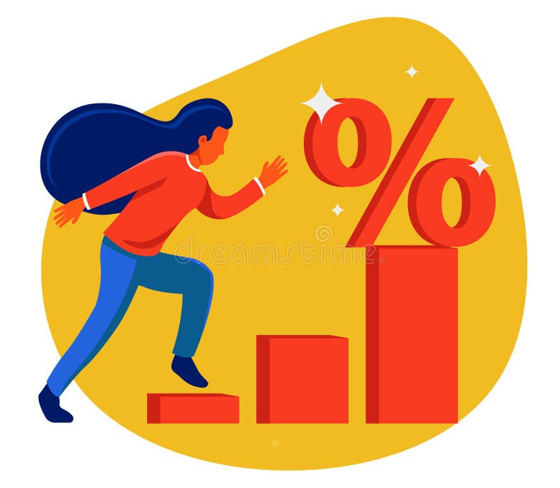 La fille court le diagramme au symbole de remise petit prix dans le magasin illustration libre de droits La fille court le diagramme au symbole de remise petit prix dans le magasin illustration libre de droits