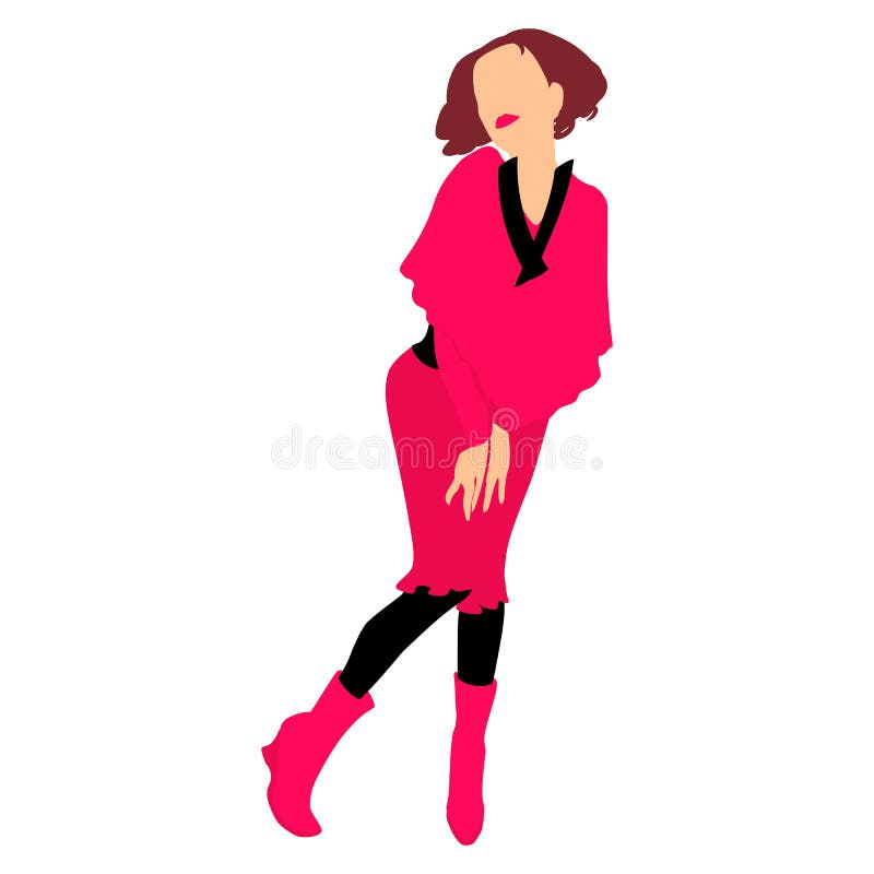 La fille dans la rétro robe rouge et les bottes rouges dans le flirt debout posent illustration libre de droits La fille dans la rétro robe rouge et les bottes rouges dans le flirt debout posent illustration libre de droits