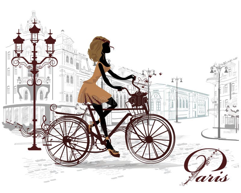 La fille de mode monte une bicyclette, décorée d'une barre musicale illustration de vecteur