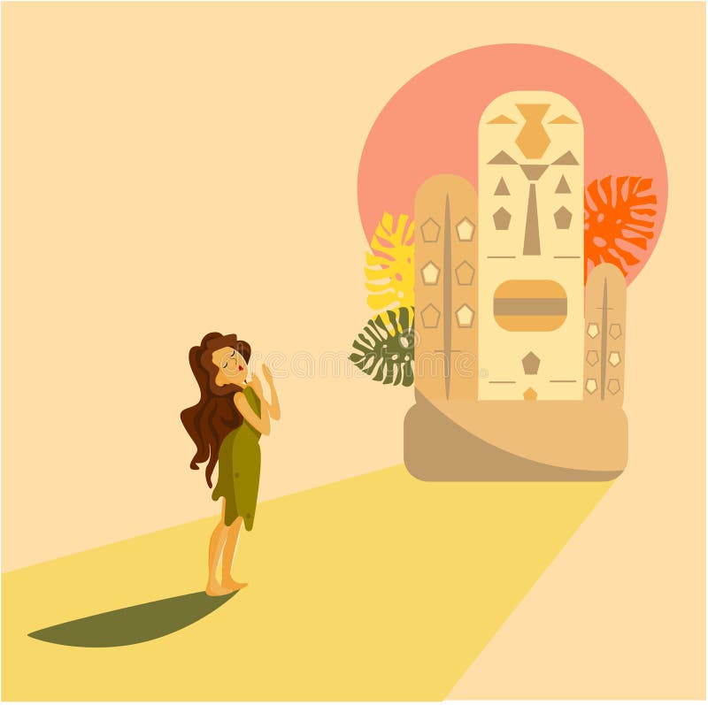 La fille en Afrique sous le soleil étouffant prie des totems de leurs dieux de la tribu illustration stock La fille en Afrique sous le soleil étouffant prie des totems de leurs dieux de la tribu illustration stock