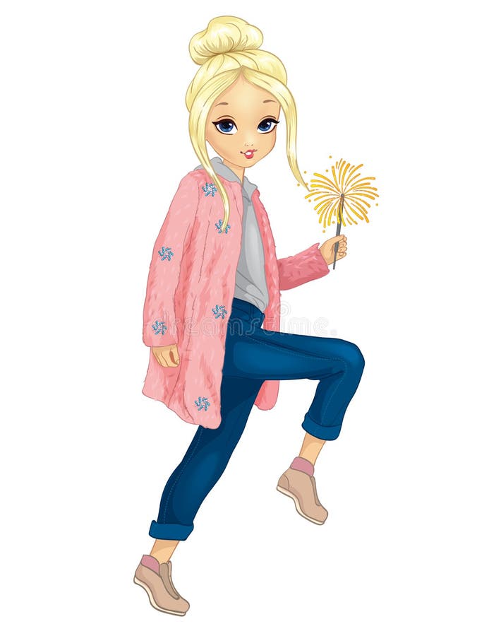 La fille en fourrure rose tient le cierge magique illustration de vecteur La fille en fourrure rose tient le cierge magique illustration de vecteur