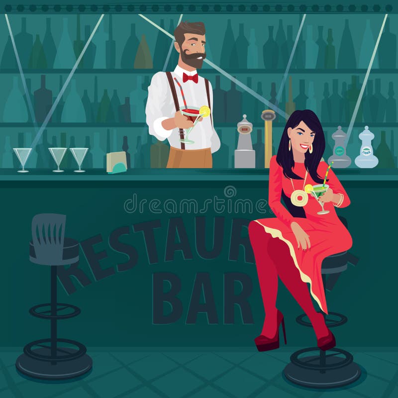 La fille et le barman offrent différents cocktails illustration libre de droits La fille et le barman offrent différents cocktails illustration libre de droits