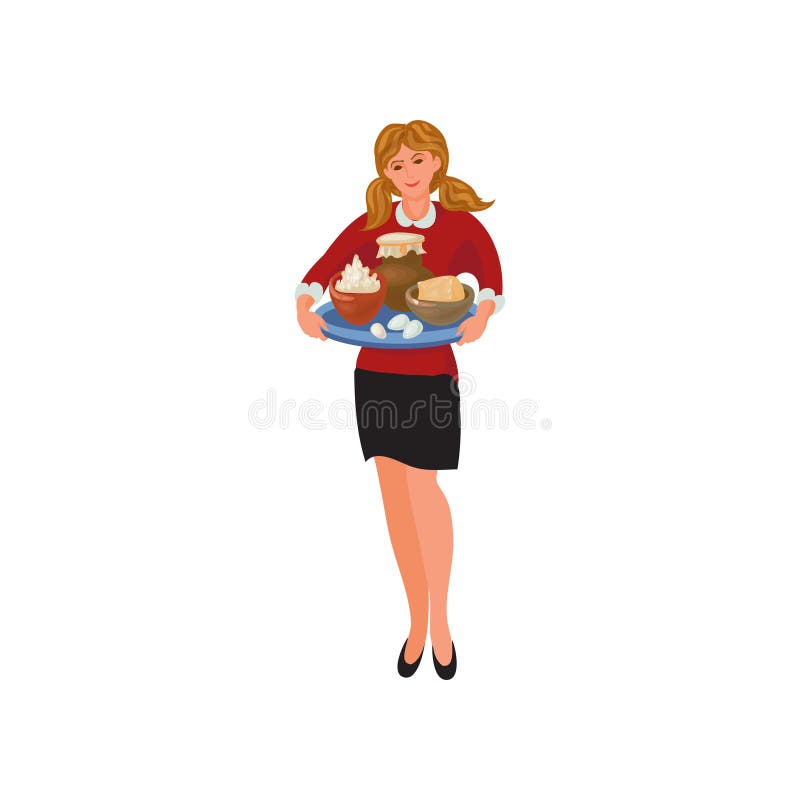 La fille sexy mignonne d'agriculteur donnent le plateau avec les produits laitiers naturels illustration de vecteur La fille sexy mignonne d'agriculteur donnent le plateau avec les produits laitiers naturels illustration de vecteur