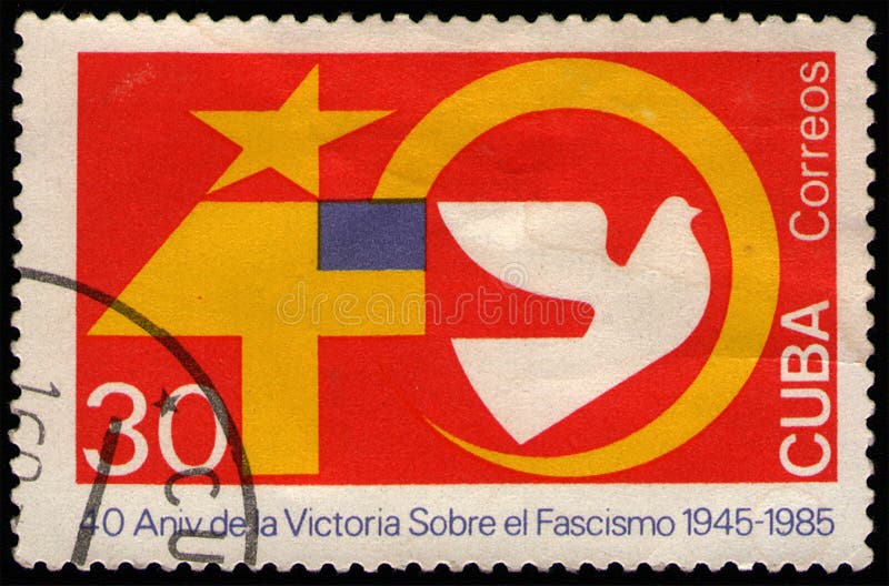 CUBA - CIRCA 1985: postal stamp 30 Cuban centavos printed by Republic of Cuba, shows Peace Dove, End of WWII, 40th anniversary series, circa 1985. CUBA - CIRCA 1985: postal stamp 30 Cuban centavos printed by Republic of Cuba, shows Peace Dove, End of WWII, 40th anniversary series, circa 1985