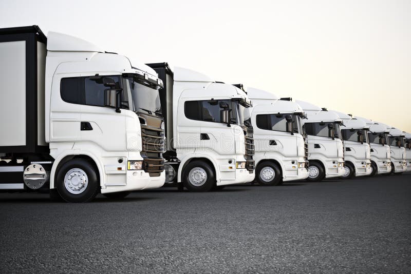 Fleet of white commercial transportation trucks parked in a row ready for business distribution . 3d rendering with room for text or copy space advertisement. Fleet of white commercial transportation trucks parked in a row ready for business distribution . 3d rendering with room for text or copy space advertisement.