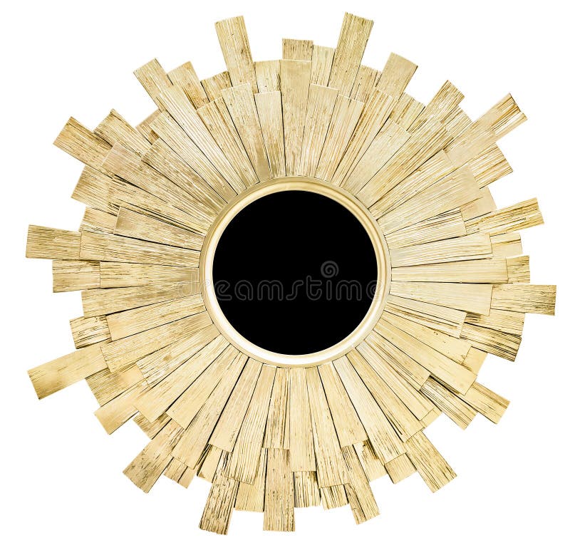La forma redonda de oro moderna del sol del marco del espejo aisló el fondo blanco fotos de archivo La forma redonda de oro moderna del sol del marco del espejo aisló el fondo blanco fotos de archivo