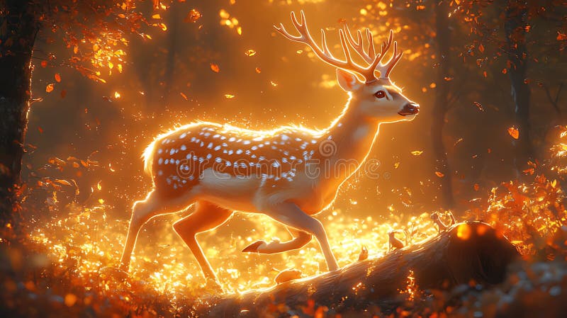 La forêt de cerfs d'automne magique lumière dorée chute illustration libre de droits