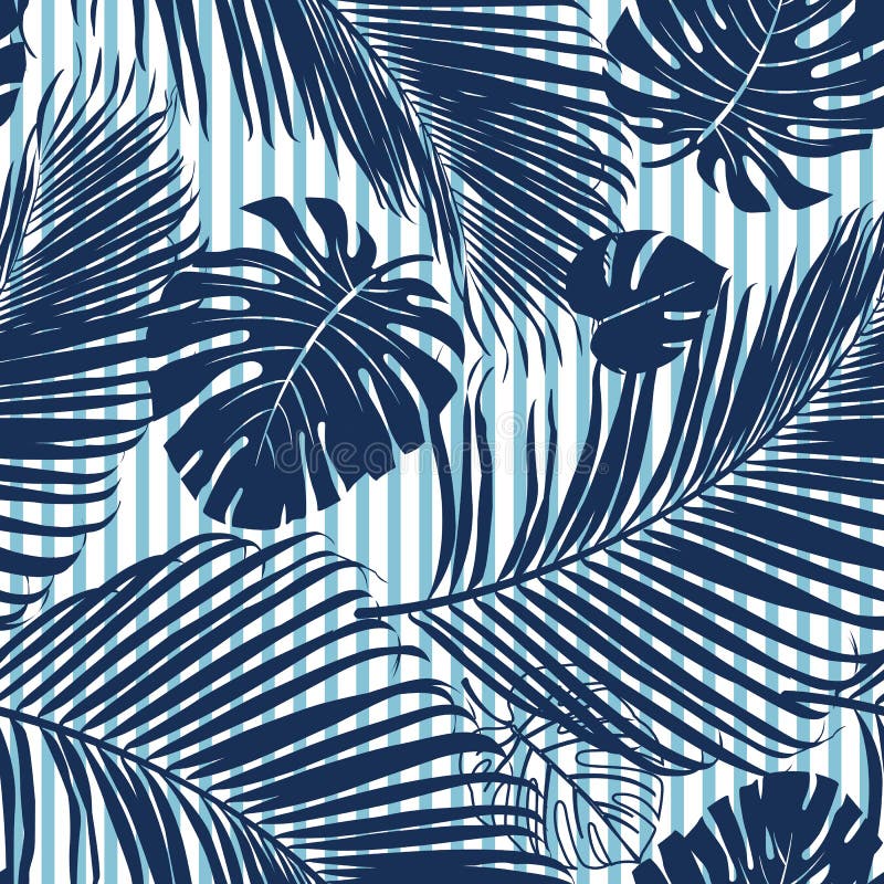 La forêt tropicale de bleu marine d'été laisse l'humeur lumineuse sur le tissu, le papier peint et la carte sans couture de fasho illustration de vecteur