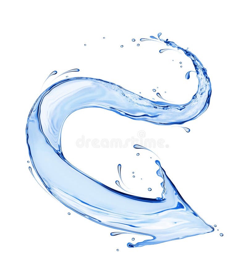 La freccia curva fatta dell'acqua spruzza su un fondo bianco