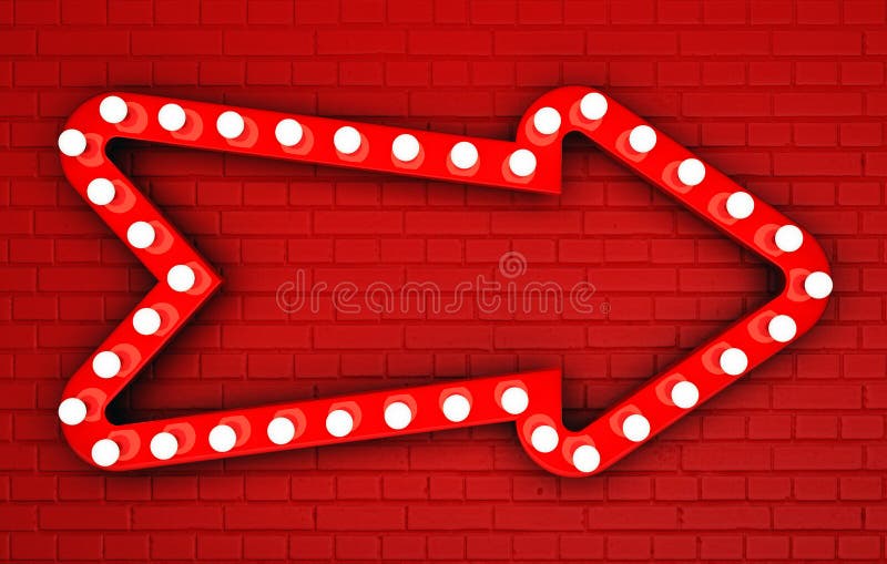 Red arrow with light bulbs on red painted brick wall. 3D rendering. Red arrow with light bulbs on red painted brick wall. 3D rendering