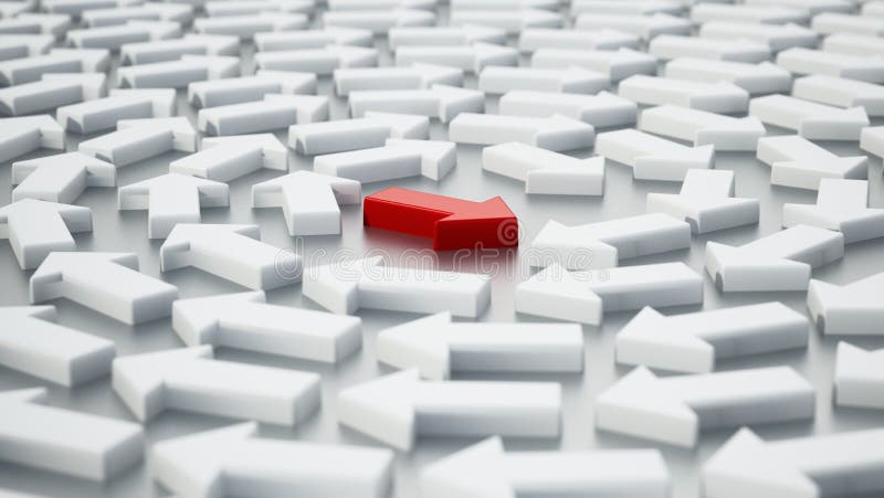 La freccia rossa spicca tra le frecce di rotazione bianca nell'illustrazione 3d dell'elica illustrazione di stock