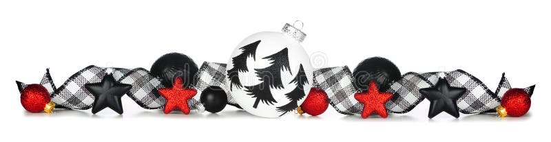 La frontera de la Navidad de los adornos y la cinta en blanco y negro de cuadros de buffalo aislados en blanco fotografía de archivo libre de regalías