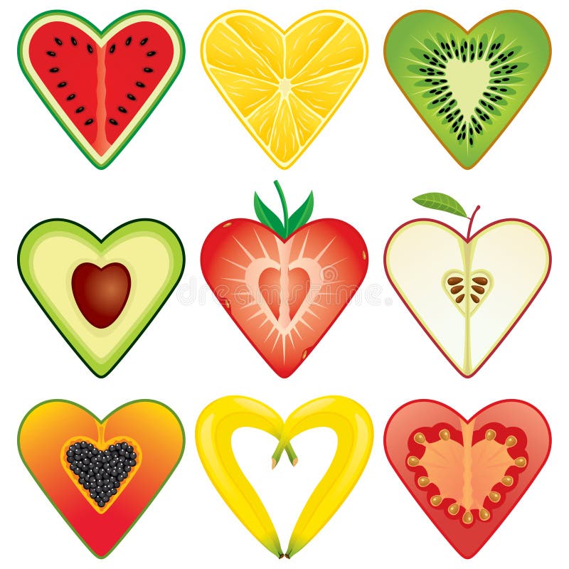La fruta sana en forma de corazón parte en dos la colección ilustración del vector