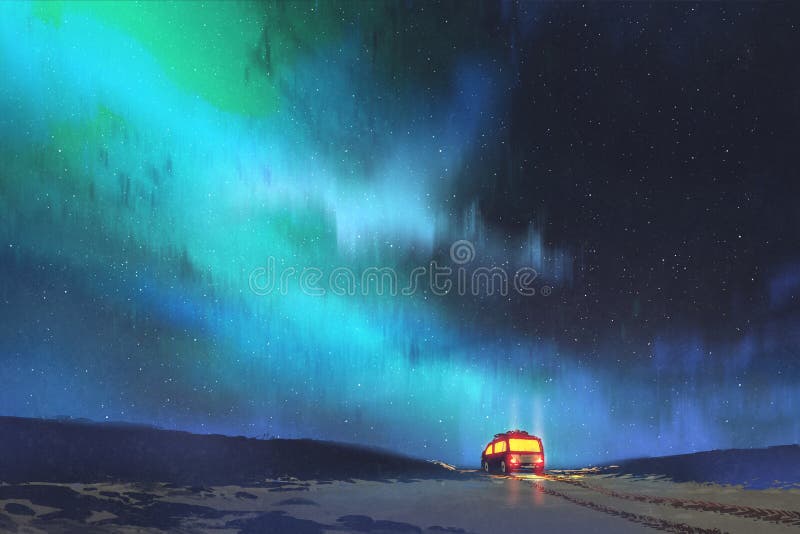 Night scenery of the van parked by a beautiful starry sky with digital art style, illustration painting. Night scenery of the van parked by a beautiful starry sky with digital art style, illustration painting