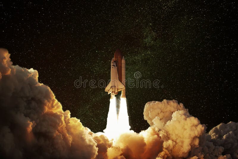 Space Rocket takes off into space. The concept of a successful journey on a spaceship to other planets. Starry sky with shuttle. Space Rocket takes off into space. The concept of a successful journey on a spaceship to other planets. Starry sky with shuttle