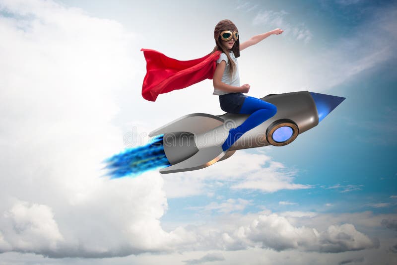 Little girl flying rocket in superhero concept. Little girl flying rocket in superhero concept