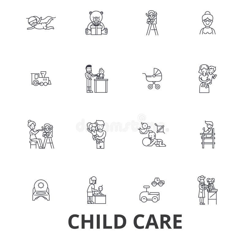 La garde d'enfants, babysitter, école maternelle, bonne d'enfants, crèche, badine jouer, ligne icônes de service de garderie Cour illustration stock La garde d'enfants, babysitter, école maternelle, bonne d'enfants, crèche, badine jouer, ligne icônes de service de garderie Cour illustration stock