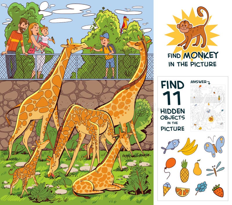 La gente alimenta a las jirafas en el zoológico. buscar 10 objetos ocultos