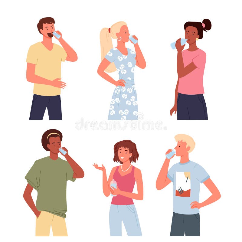La gente beve acqua e una giovane donna in piedi e beve bevande rinfrescanti illustrazione di stock