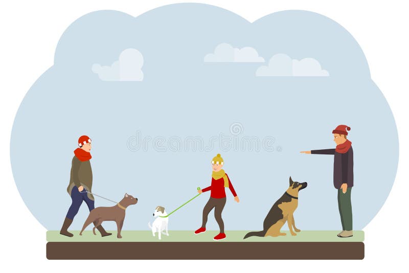 La gente camina sus perros en el parque La gente entrena y camina a sus perros contra el cielo stock de ilustración La gente camina sus perros en el parque La gente entrena y camina a sus perros contra el cielo stock de ilustración