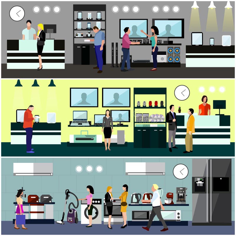La gente che compera in un concetto del centro commerciale Interno del deposito di prodotti elettronici di consumo Illustrazione illustrazione vettoriale La gente che compera in un concetto del centro commerciale Interno del deposito di prodotti elettronici di consumo Illustrazione illustrazione vettoriale